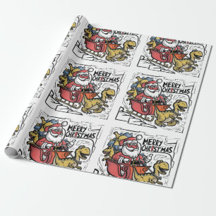 Funny Santa Sleigh and T-rex Dinosaur Christmas Wrapping Paper