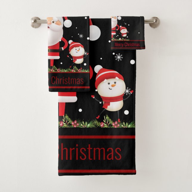 Funny Santa, Snowman, Reindeer Merry Christmas Bath Towel Set (Insitu)