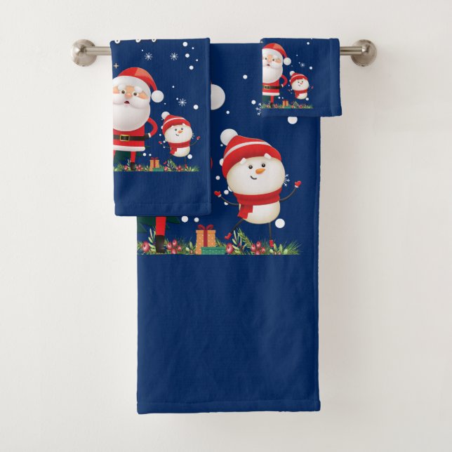 Funny Santa, Snowman, Reindeer Merry Christmas Bath Towel Set (Insitu)