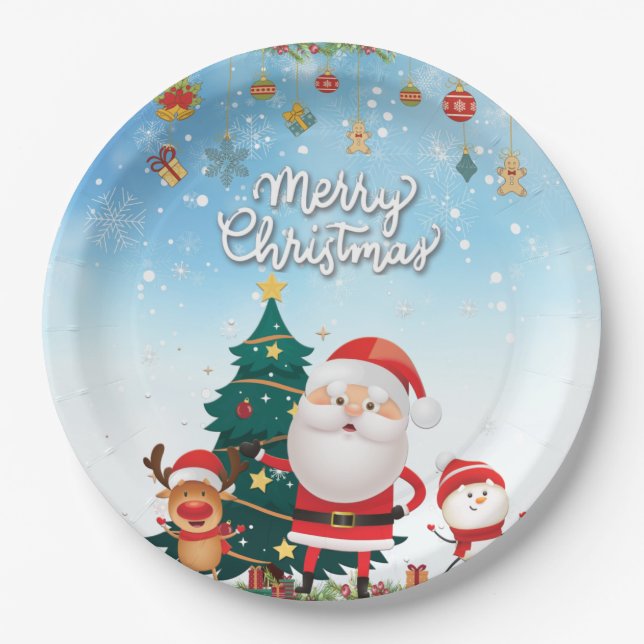 Funny Santa, Snowman, Reindeer Merry Christmas Paper Plate (Front)