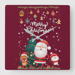 Funny Santa, Snowman, Reindeer Merry Christmas Square Wall Clock