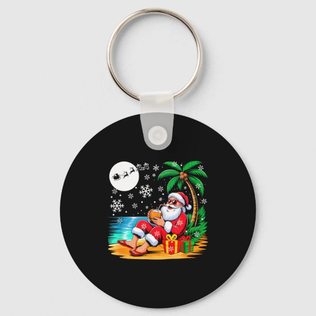 Funny Santa Sungles Drinking Coconut On Beach Chri Key Ring (Front)