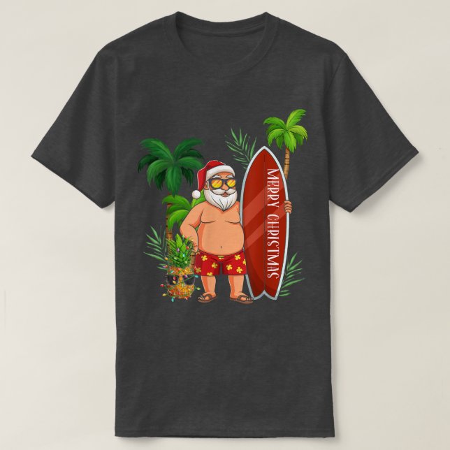 Funny Santa Surfing Merry Christmas In July Santa  T-Shirt (Design Front)