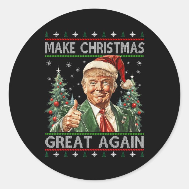 Funny Santa Trump Make Christmas Great Again Ugly  Classic Round Sticker (Front)