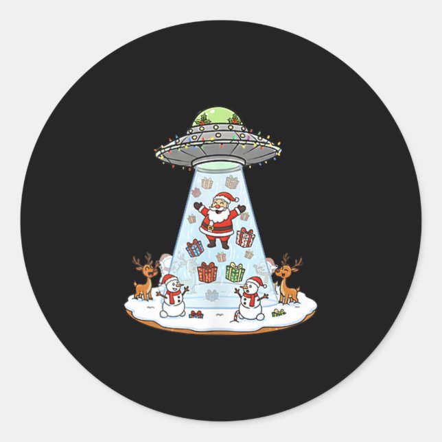 Funny Santa Ufo Delivery Happy Reindeer Snowman Ch Classic Round Sticker (Front)