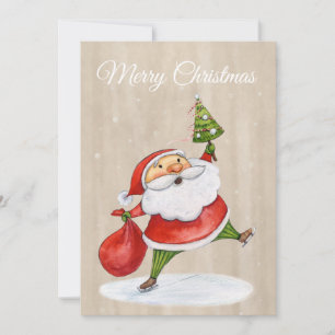 Funny Santa with Christmas Tree Watercolor Holiday Card