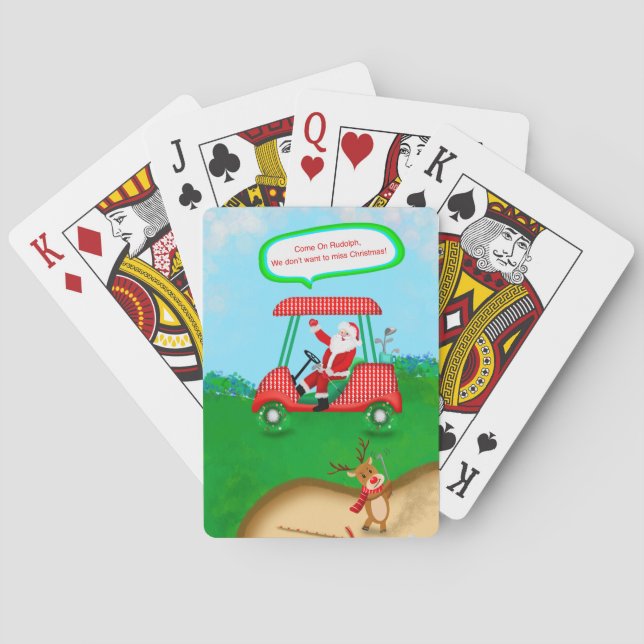 Funny Santa With Reindeer Playing Golf  Playing Cards (Back)