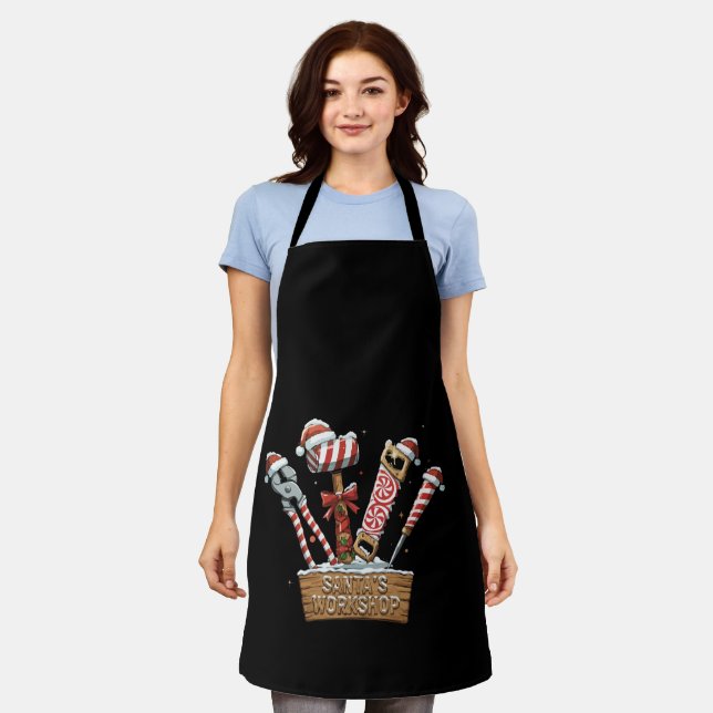 Funny Santa's Workshop Candy Cane Handyman Tools Apron (Worn)