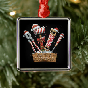 Funny Santa's Workshop Candy Cane Handyman Tools Metal Tree Decoration