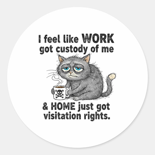 Funny Sarcastic Cat I Feel Like Work Got Custody O Classic Round Sticker (Front)