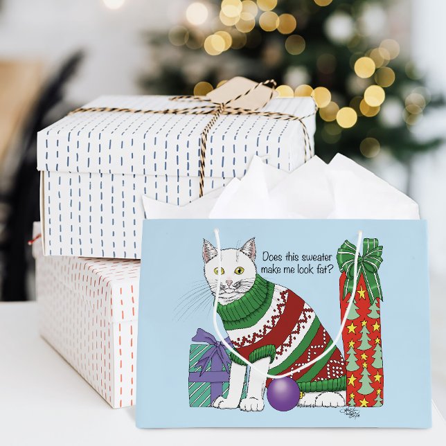 Funny Sarcastic Ugly Christmas Sweater White Cat Large Gift Bag (Creator Uploaded)