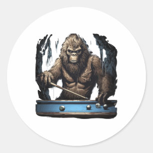 Funny Sasquatch Bigfoot Playing Billiards Classic Round Sticker