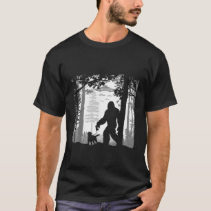 Funny Sasquatch Bigfoot Walking Dog In Woods With  T-Shirt