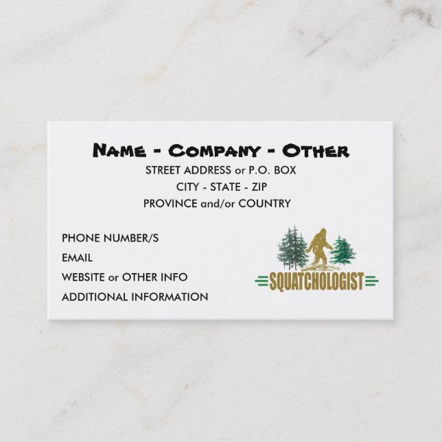 Funny Sasquatching, Sasquatch Hunter's Business Card (Front)