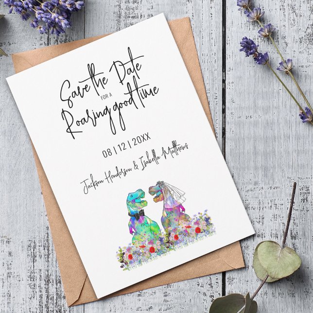 Funny Save the Date for a Roaring Dinosaur Wedding (Funny save the date for a roaring good time dinosaur bride and groom wedding Card watercolor florals)