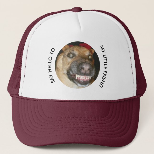 Funny Say Hello Black & Tan German Shepherd Dog Trucker Hat (Front)
