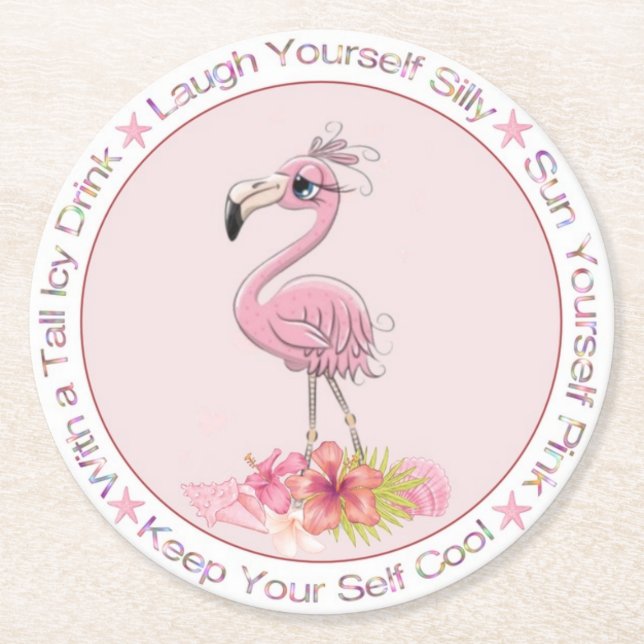 Funny Saying Pink Flamingo Watercolor Illustration Round Paper Coaster (Front)