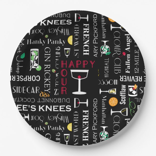 Funny Sayings l Retro Cocktail Names Pattern Paper Plate (Front)