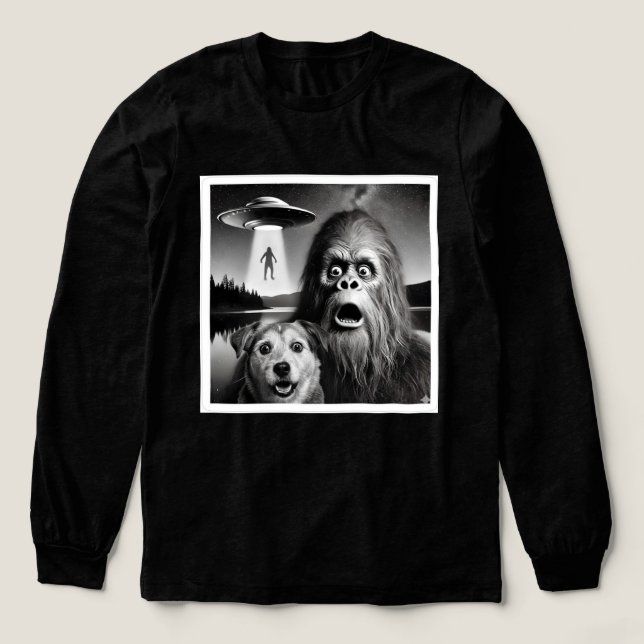 Funny Scared Bigfoot & Dog Watching UFO Alien Tri-Blend Shirt (Design Front)