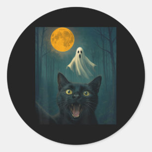 Funny Scared Cat Selfie With Ghost Halloween Day W Classic Round Sticker