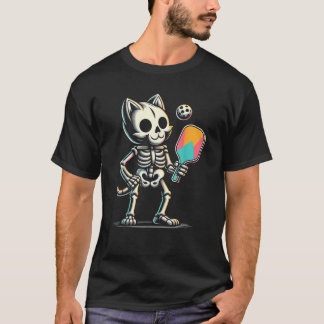 Funny Scary Pickleball Cat Skeleton Playing On Hal T-Shirt