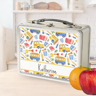 Funny School Bus Go Back To School Name Pattern Metal Lunch Box