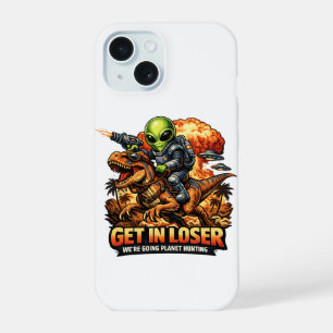 Funny Sci-Fi Fantasy Meme Art, Alien Riding Dinosa iPhone 15 Case