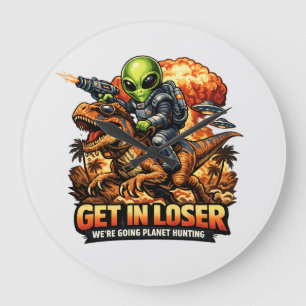 Funny Sci-Fi Fantasy Meme Art, Alien Riding Dinosa Large Clock