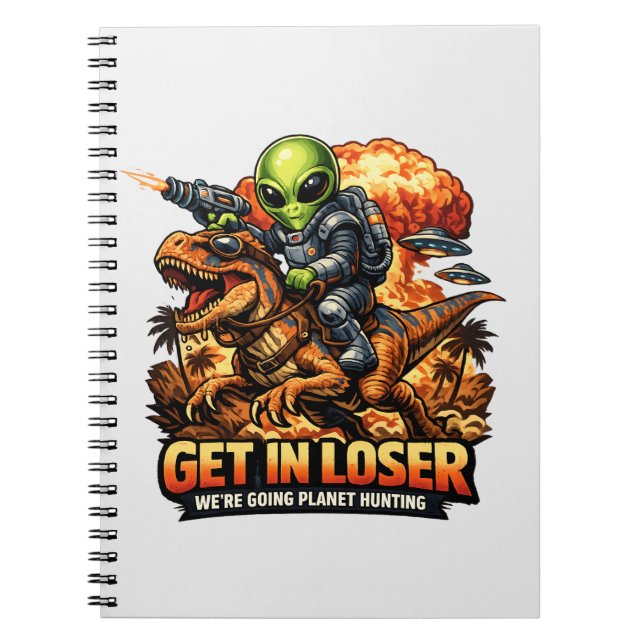 Funny Sci-Fi Fantasy Meme Art, Alien Riding Dinosa Notebook (Front)