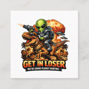 Funny Sci-Fi Fantasy Meme Art, Alien Riding Dinosa Square Business Card