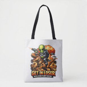 Funny Sci-Fi Fantasy Meme Art, Alien Riding Dinosa Tote Bag