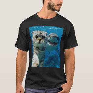Funny Scottish Fold Cat Selfie with Shark Ocean Lo T-Shirt
