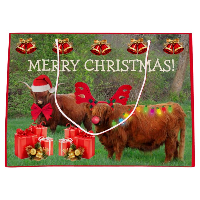 Funny Scottish Highland Steer Christmas Large Gift Bag (Front)