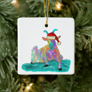 Funny Screaming Christmas Goat Colourful Festive Ceramic Ornament