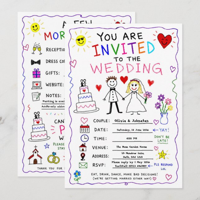 Funny Scribble Wedding Invitation Custom Hand Draw (Front/Back)