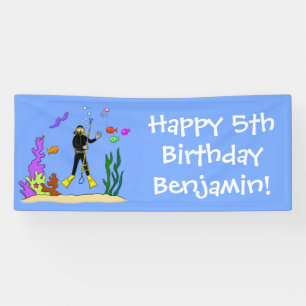 Funny scuba diver and fish sea creatures birthday banner