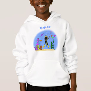 Funny scuba diver and fish sea creatures cartoon