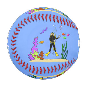Funny scuba diver and fish sea creatures cartoon baseball