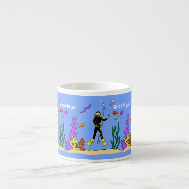 Funny scuba diver and fish sea creatures cartoon espresso cup (Front)