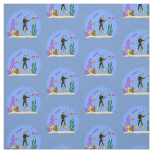 Funny scuba diver and fish sea creatures cartoon fabric