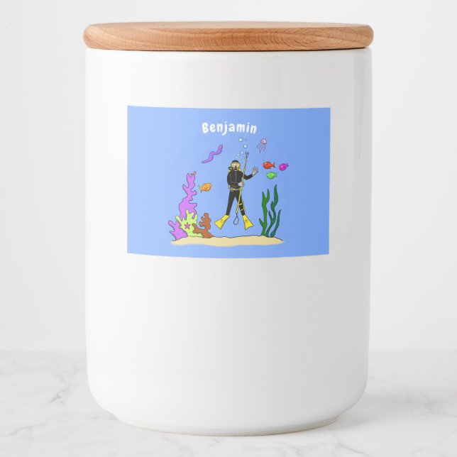 Funny scuba diver and fish sea creatures cartoon food label (Front)