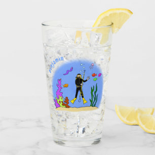 Funny scuba diver and fish sea creatures cartoon glass