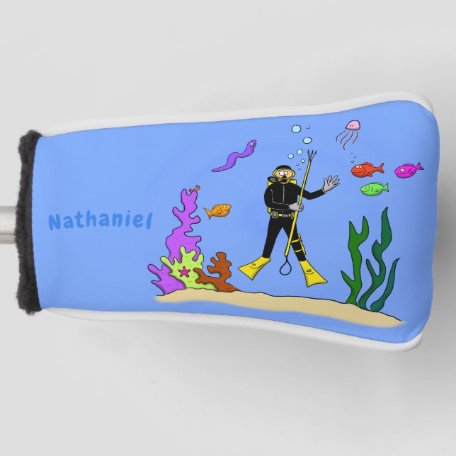 Funny scuba diver and fish sea creatures cartoon golf head cover (Front)