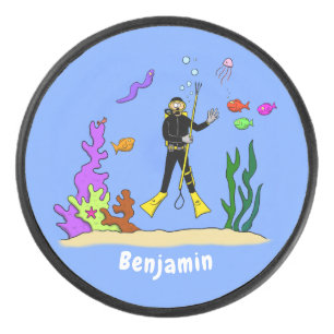 Funny scuba diver and fish sea creatures cartoon hockey puck