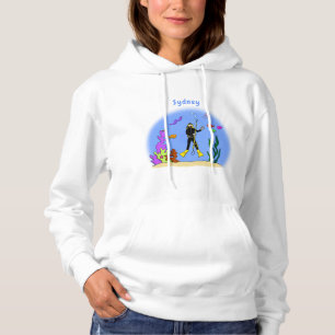 Funny scuba diver and fish sea creatures cartoon hoodie