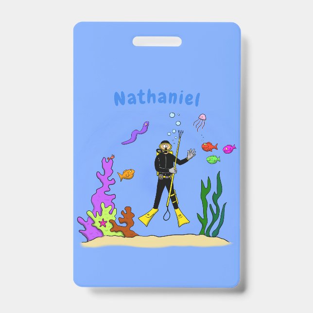 Funny scuba diver and fish sea creatures cartoon ID badge (Front)