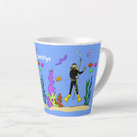 Funny scuba diver and fish sea creatures cartoon