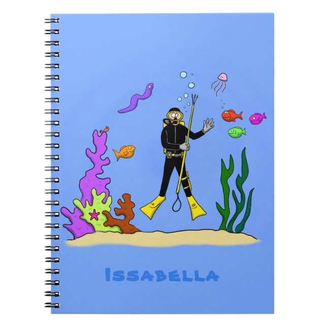 Funny scuba diver and fish sea creatures cartoon notebook (Front)