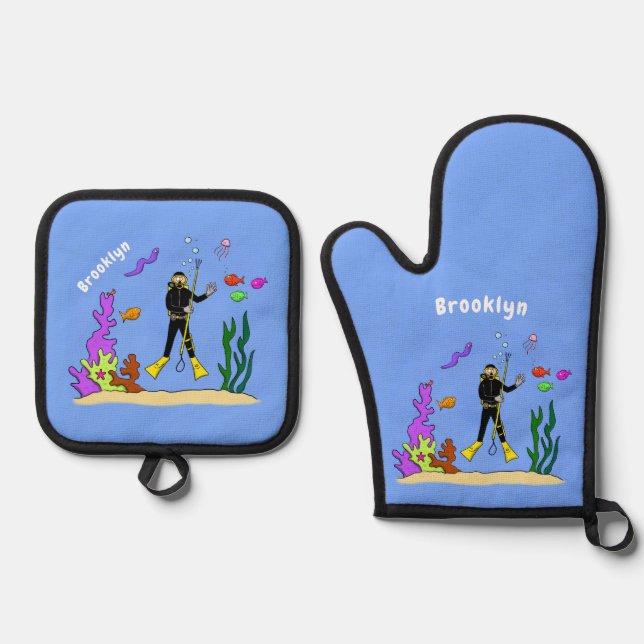 Funny scuba diver and fish sea creatures cartoon oven mitt & pot holder set (Front)