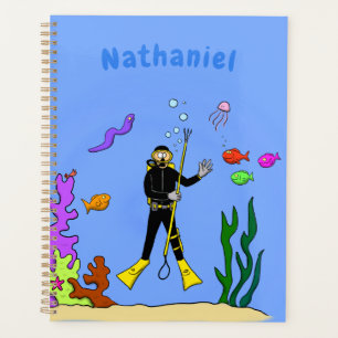 Funny scuba diver and fish sea creatures cartoon planner